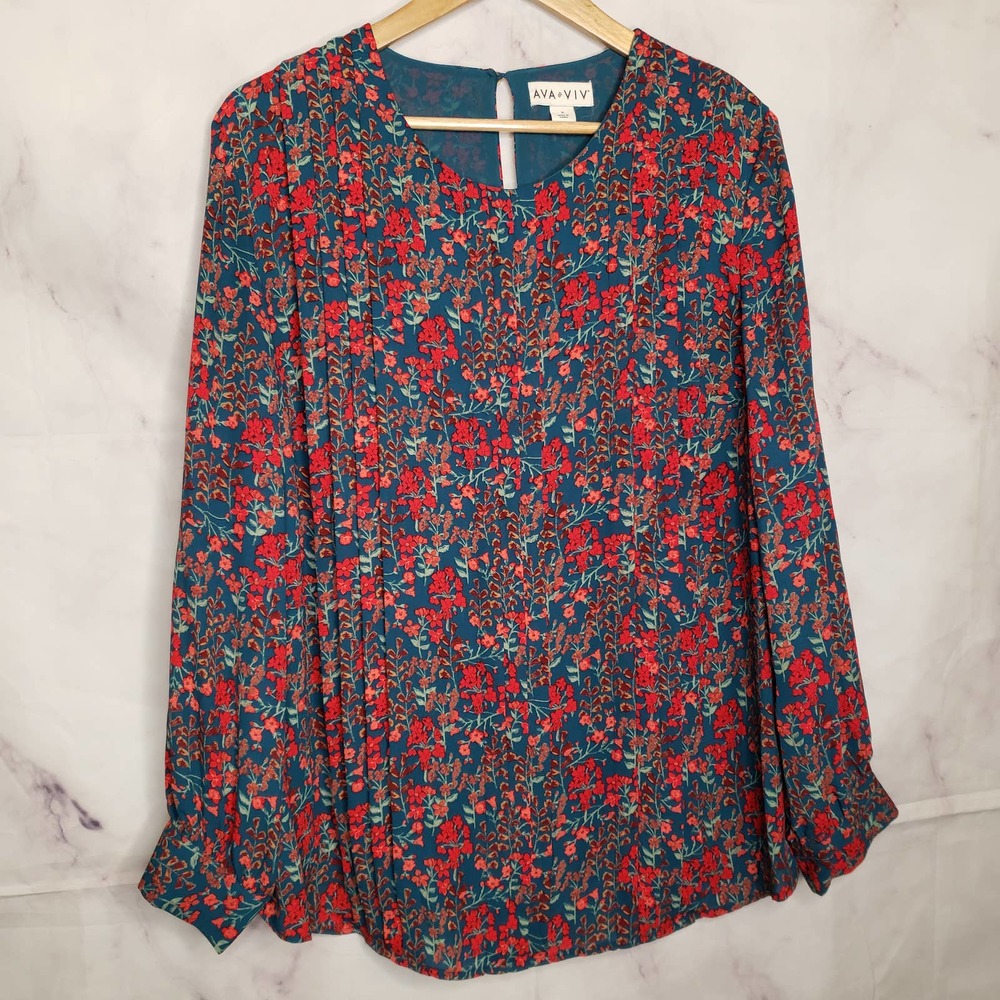 AVA & VIV Floral Pleated Long Sleeve Blouse X